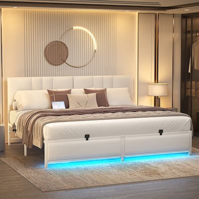 Upholstered Bed Frame with Height Adjustable Headboard,with RGB LED Light and Charging Hub