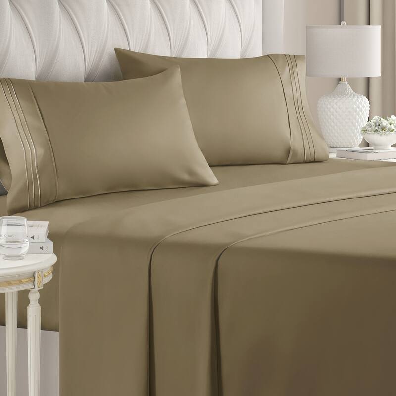 CGK Linens 4 Piece Solid Microfiber Deep Pocket Soft Bed Sheet Set - Queen - Khaki
