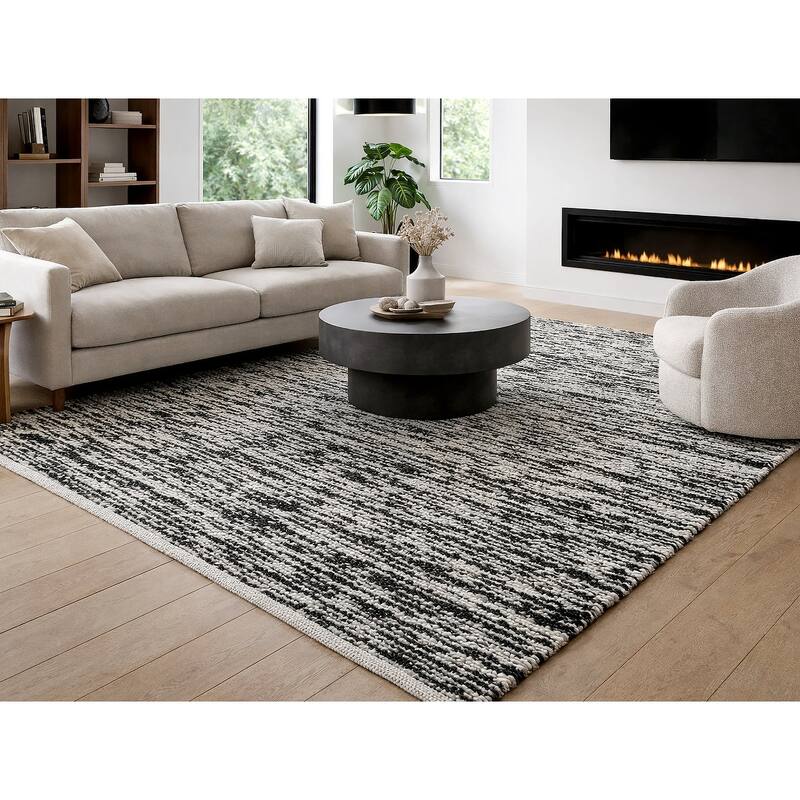 Black White Wool Handmade Modern Minimal Flatweave Area Rug - 8' x 10' - 8' x 10'