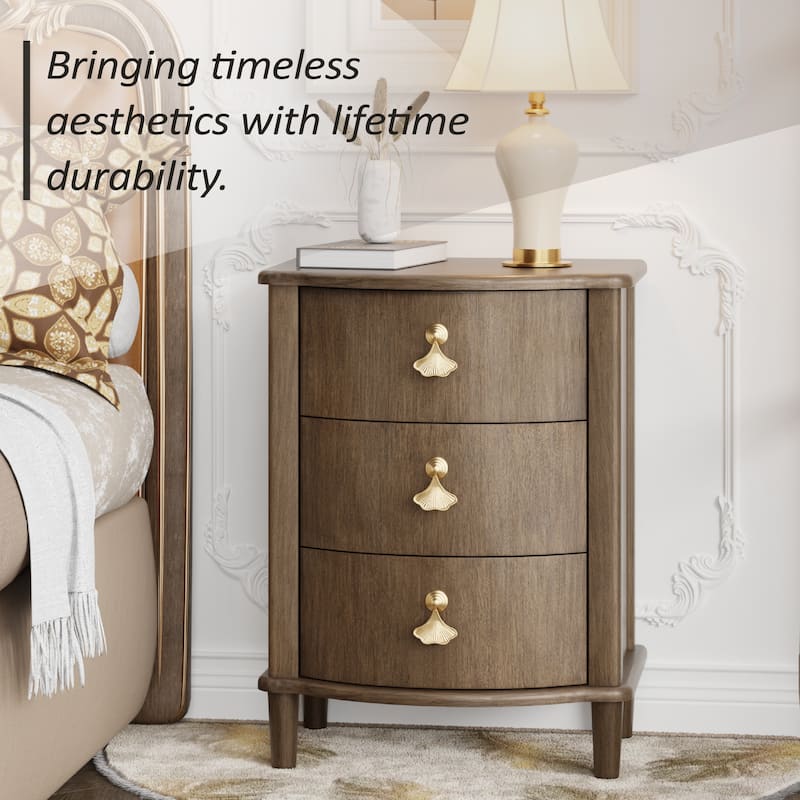 COZAYH Elegant 3-Drawer Nightstand with Gold Leaf Handles, Vintage Curved Front Design, Distressed Finish