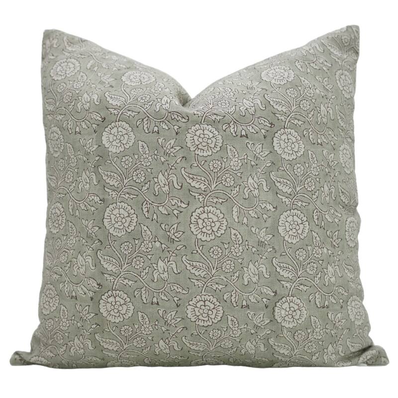 Fabdivine Polka Dots Grey Pure Linen Cushion Cover Soft, 12x20 Inches Handmade Block Print Bedroom or Farmhouse Décor, Shivri - Pillow Covers - Shilong- Sage Green - 14" x 14"