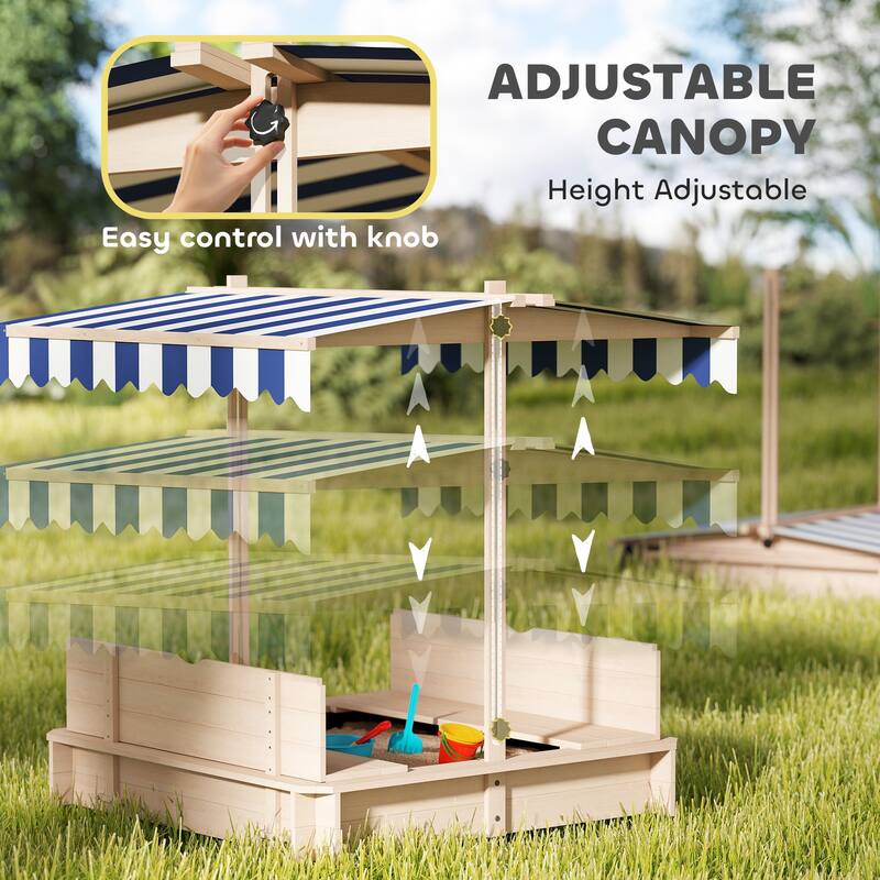 Outsunny Kids Sandbox with Cover, Outdoor Wooden Sandbox with Canopy - 41.75" x 41.75" x 47.75"