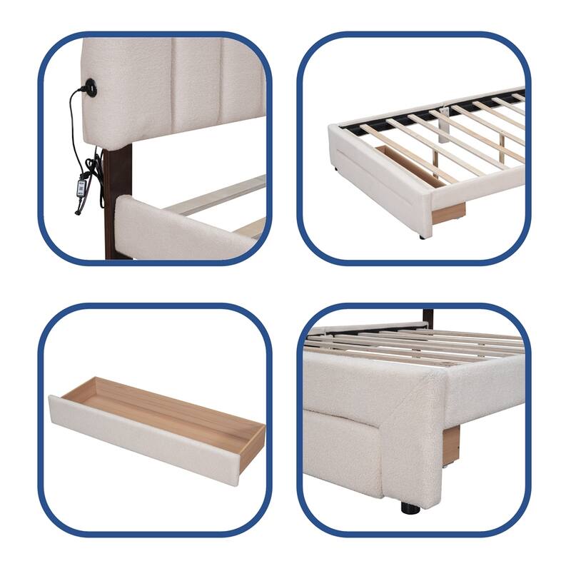 Teddy Fleece Queen Size Upholstered Platform Bed with Drawer