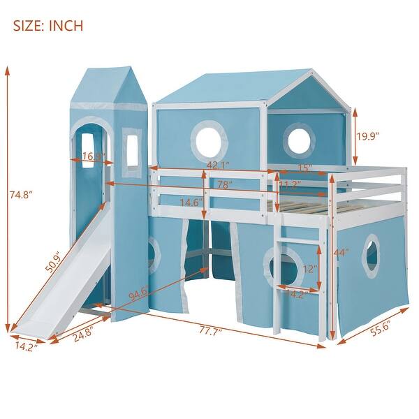 dimension image slide 0 of 2, Roomfitters Full Size Loft Bed with Slide, Pink Tent and Tower, Space-Saving Adventure-Themed Wooden Frame for Bedroom