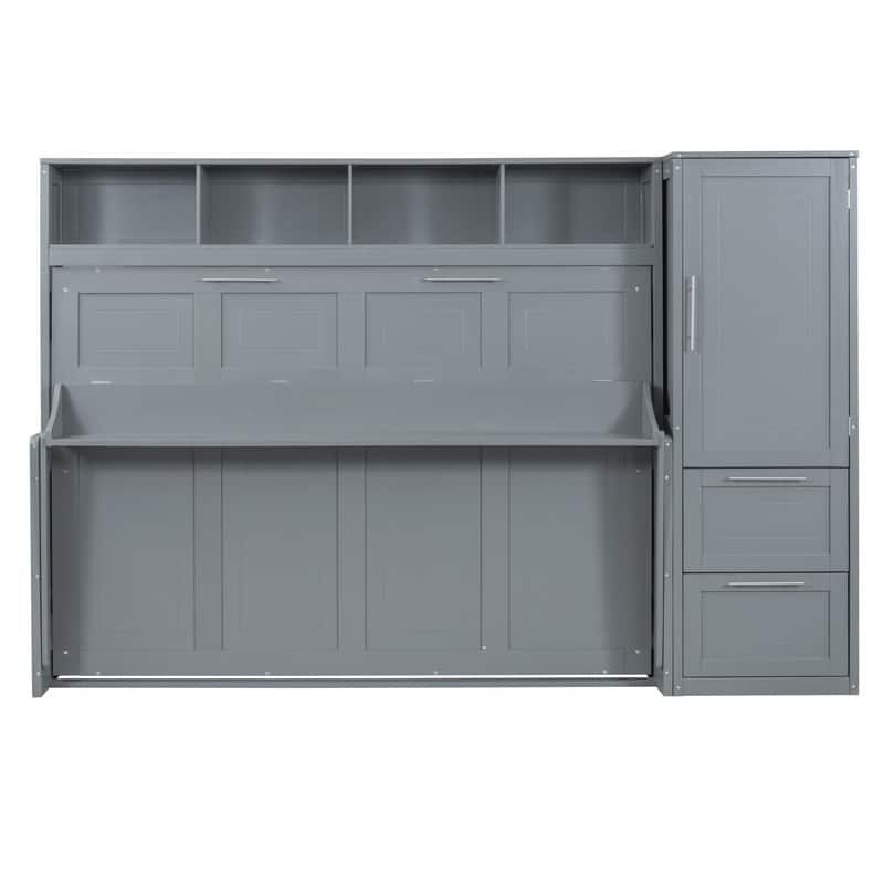 Full Size Wood Murphy Bed with Shelves,Wall Bed with Closet and Drawers
