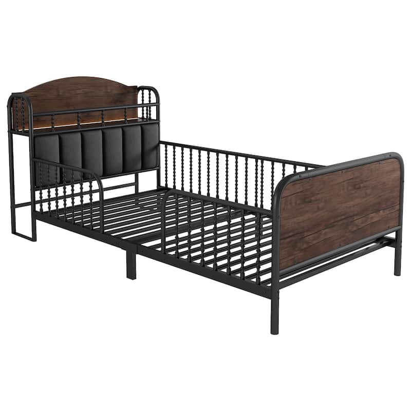 Kids Platform Bed Metal Frame with Linen Fabric Upholstered Storage Headboard Built-in Light Strip, Both Sides Rails
