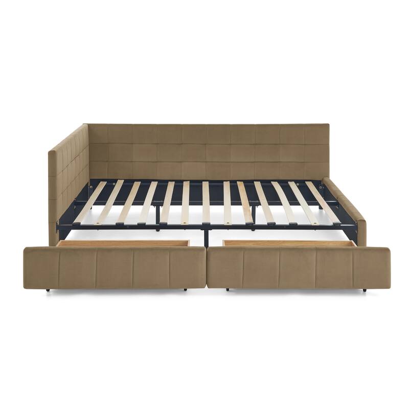 Full Size Daybed Grounded Bed Velvet Upholstered Tufted Bed Frame with L-shaped Backrest & Armrests for Livingroom or Bedroom