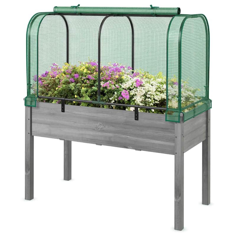 Raised Garden Bed w/ Cover Wood Elevated Planter Box /Mini Greenhouse - Green+Grey