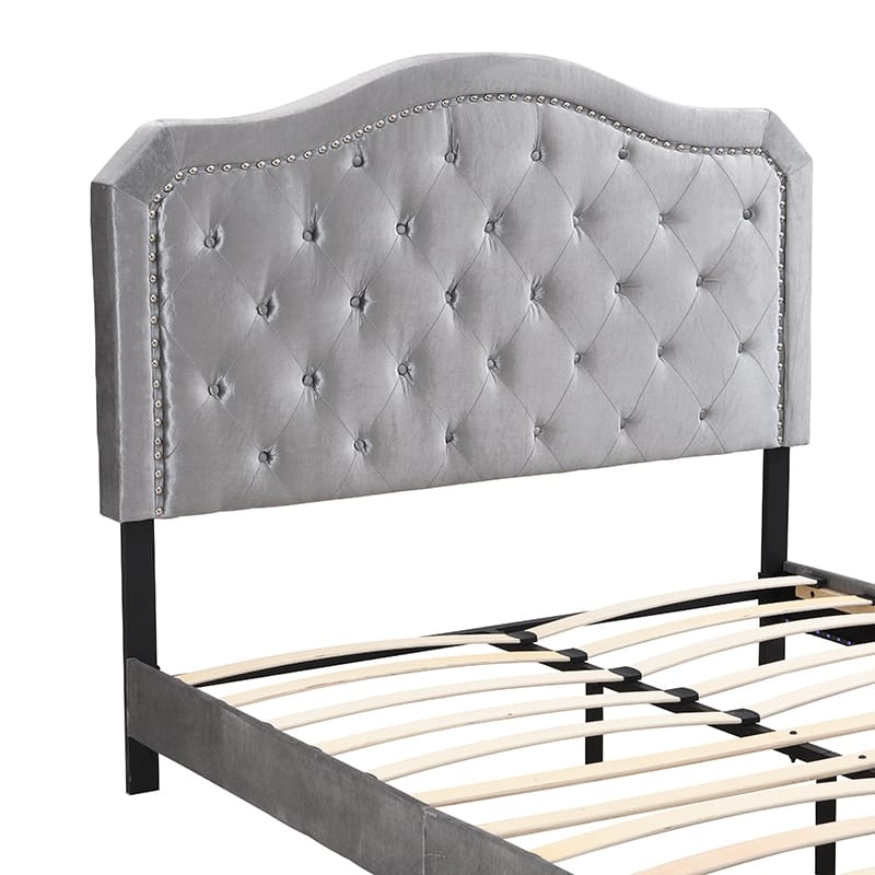 Queen Size Modern Platform Bed with LED Lights - Diamond Tufted Headboard