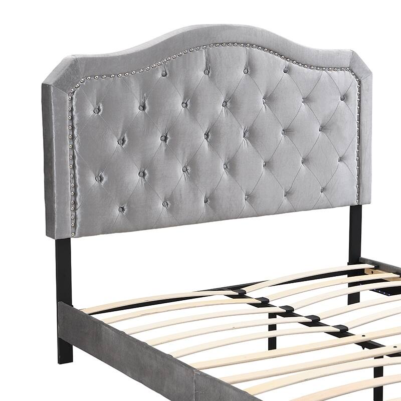Queen Size Upholstered Platform Bed with LED Lights and Light Grey Velvet