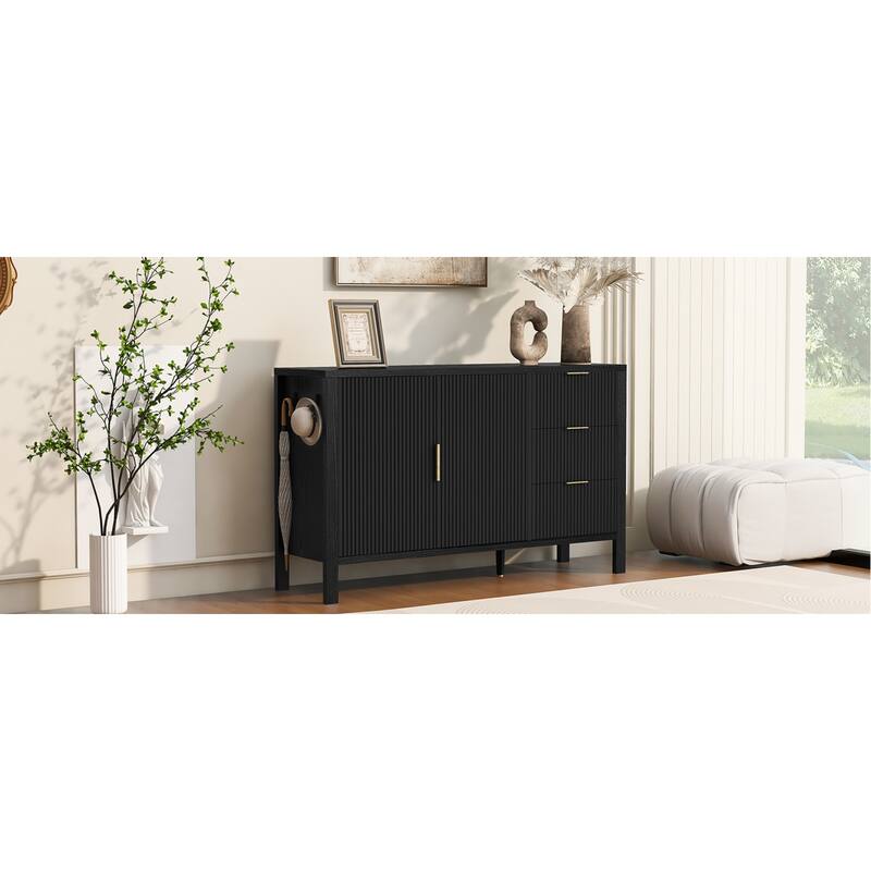 Roomfitters Sideboard Buffet Cabinet with 3 Drawers, 2 Door Mid-century Fluted Accent Storage for Kitchen & Dining