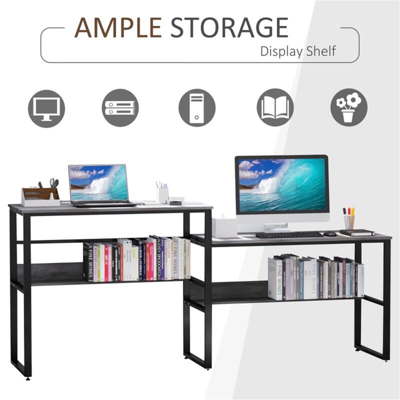 L Shaped Office Desk with Dual Level Design Standing and Sitting Workstation Gray Finish Sturdy Home Office Table