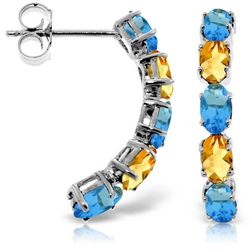 14K Solid Gold Gemstone Earrings w/ Natural Blue Topaz & Citrines - White