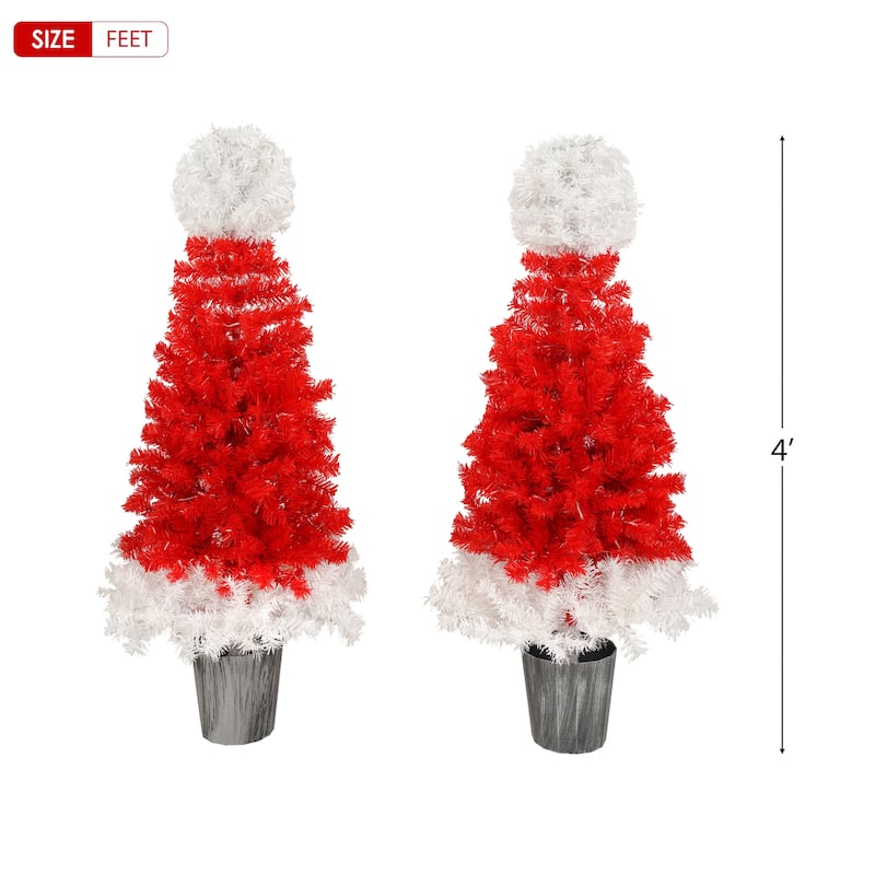 4ft Lighted Santa Hat Style Christmas Tree Set, Set of 2, with 100 LED Lights Each, Perfect for Holiday Decorations