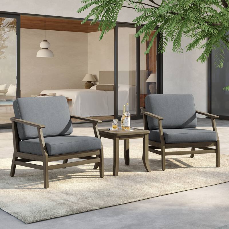3 Set Outdoor Teak Wood Club Chairs with Side Table - NaturalFrame-Grey