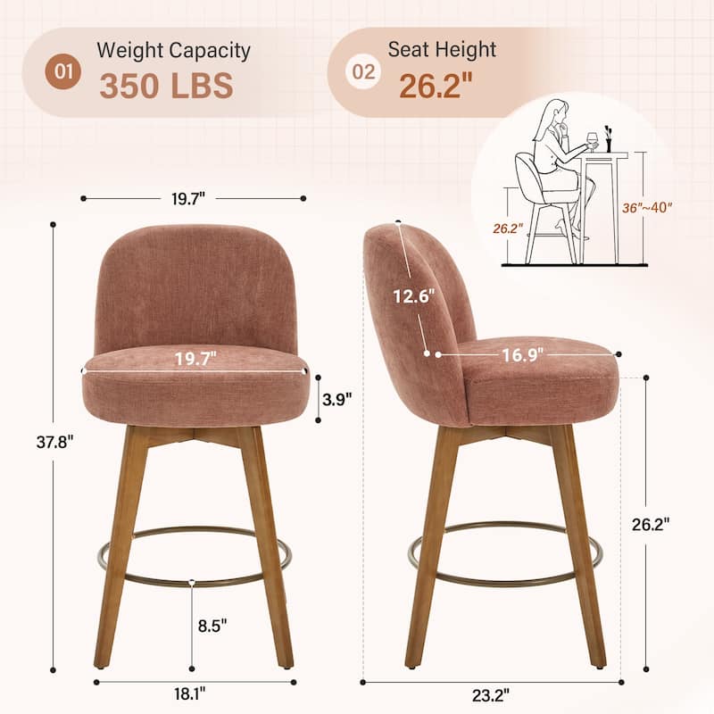 Fabric Upholstered Counter Height Swivel Bar Stools - 37.8"H x 19.7"W x 23.2"D