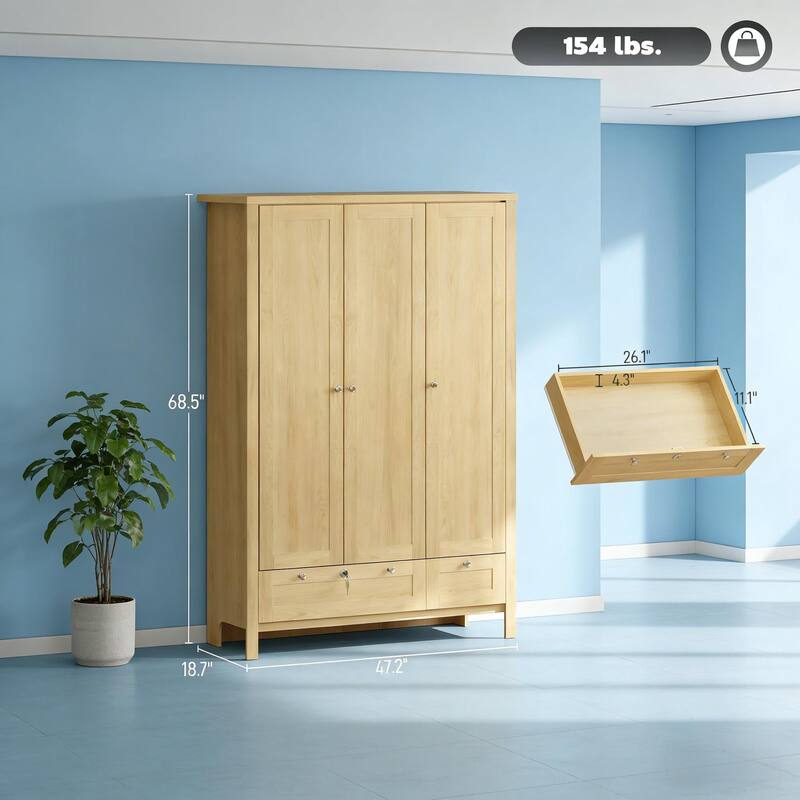 Rossetta 3-Door Modern Simple Adaptable Design Wardrobe Closet with Enclosed Shelves and Deep Bottom Drawer