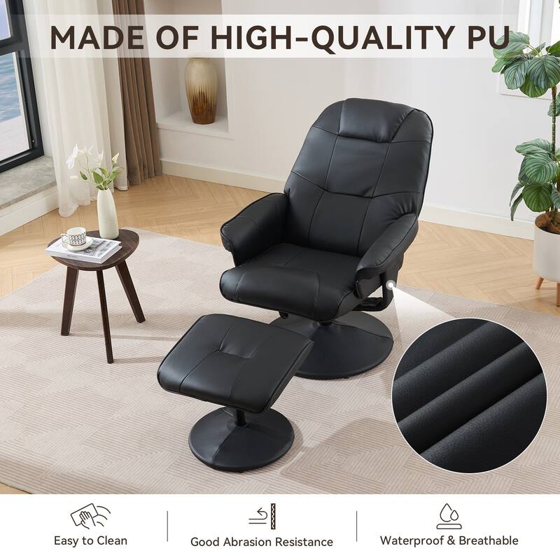 Massage Recliner Chair with Ottoman, 360° Swivel PU Leather Reclining Chair with Wrapped Base, 5 Point Vibration Massag