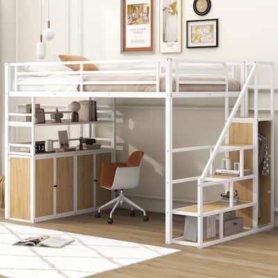 Full Size Metal Loft Bed with Built-in Desk, Storage Steps, Wardrobe & Lockers, Space-Saving Workstation with Shelves