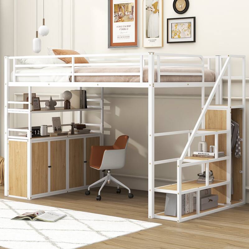 Full Size Metal Loft Bed with Storage Staircase, Wardrobe, Shelves and Lockers - White+Natural