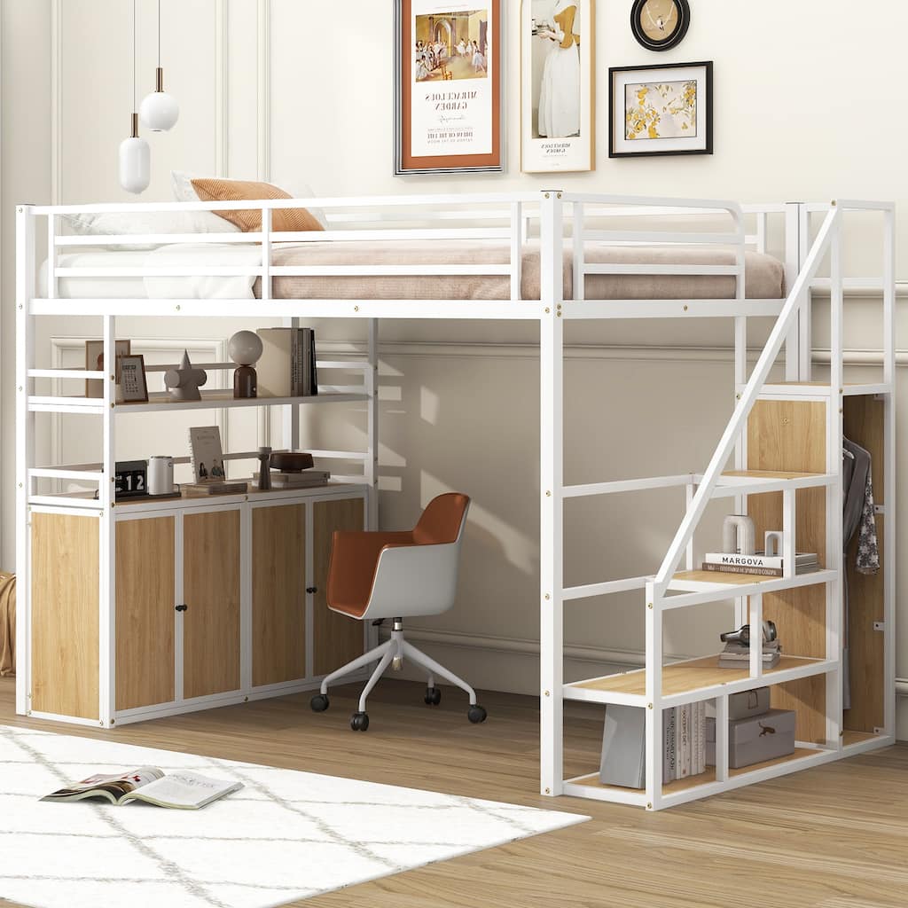Full Size Metal Loft Bed with Storage Staircase, Wardrobe, Shelves and Lockers