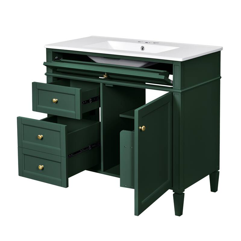 Modern Bathroom Vanity with Amber Storage, Ceramic Sink, 3 Drawers, Tip-Out Drawer, and Concealed Storage