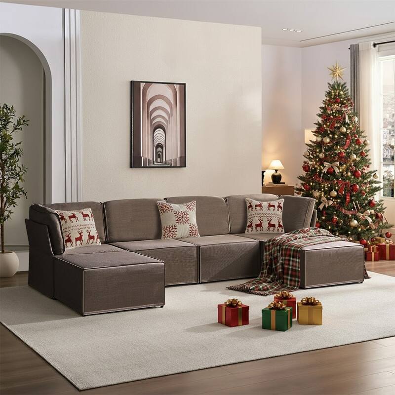 Mixoy Oversized Modular Sectional Sofa, U/L-Shaped Couch with Deep Seat, Ottoman, Convertible Modern Linen Sleeper Sofa Bed - Brown - Reversible