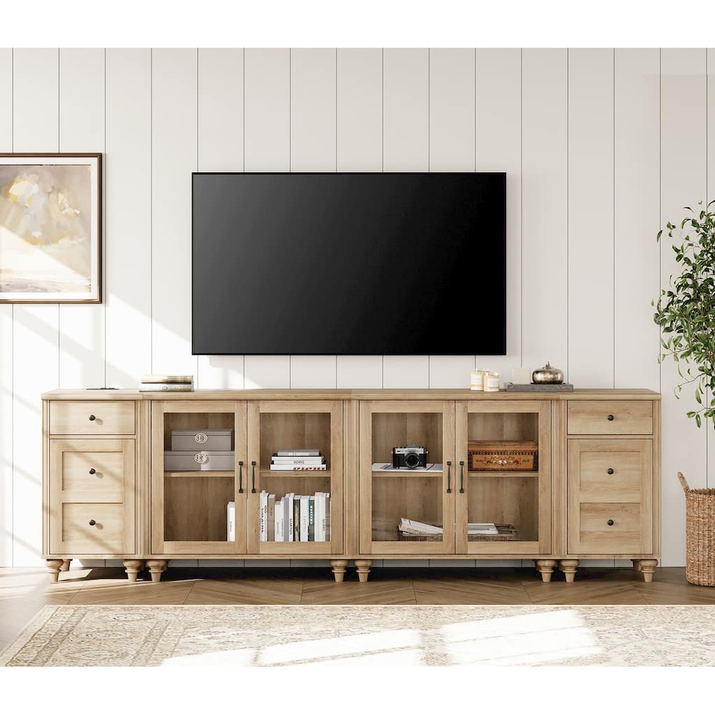 Farmhouse TV Stand with Glass Door, Oak