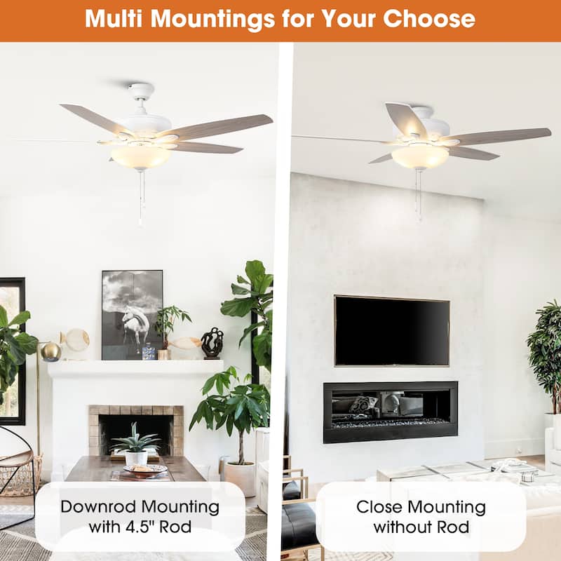 52" Coastal White Frosted Glass Ceiling Fan with Light and Pull Chain - Satin white