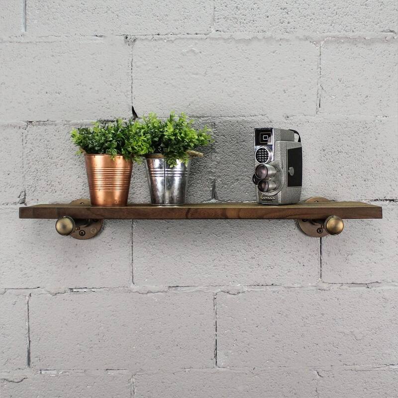 Somerville Farmhouse Industrial Wall Shelf - 30-Inch Wide - Brown Wood with Rustic Bronze Metals