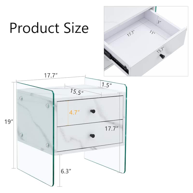 Double-Drawer Bedside Table:The Board Surface Is Mdf With White Grain Sticker,And Both Sides Are Transparent Tempered Glass