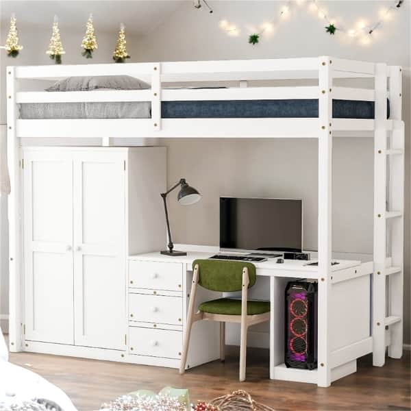 slide 2 of 24, Twin Size Loft Bed with Integrated Wardrobe, Desk, and Storage Drawers, Space-Saving White Design White