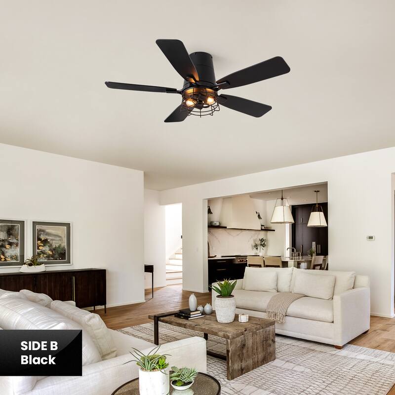 Modern Black Low Profile Small Caged Ceiling Fan with Light and Remote