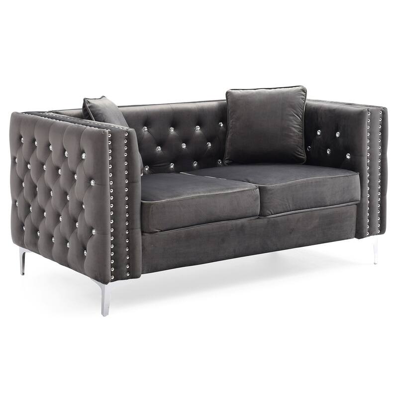 Tufted Nailhead Trim Velvet 2-Seater Sofa with Throw Pillows - 63" - Gray