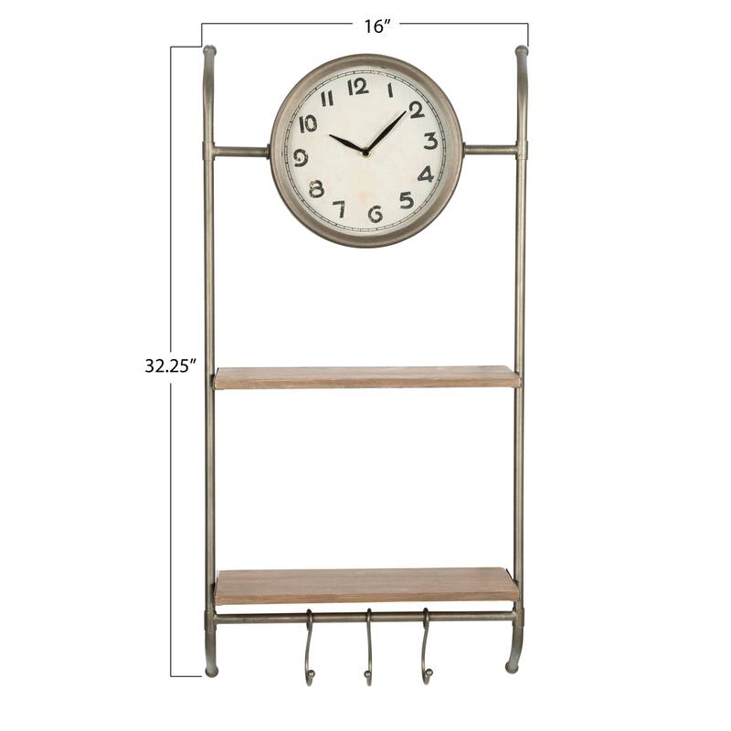 Wall Clock with Shelves and Hooks