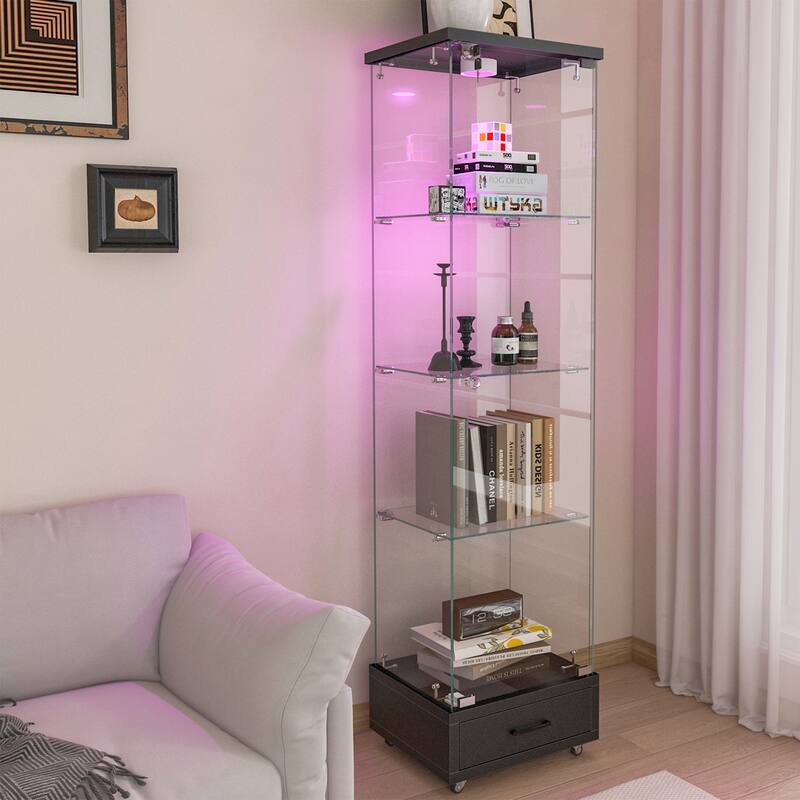 Glass Display Cabinet With Drawer,Cabinet With Led Lights,Tempered Glass Bookshelf, 1-Door Storage Case With 4 Shelves