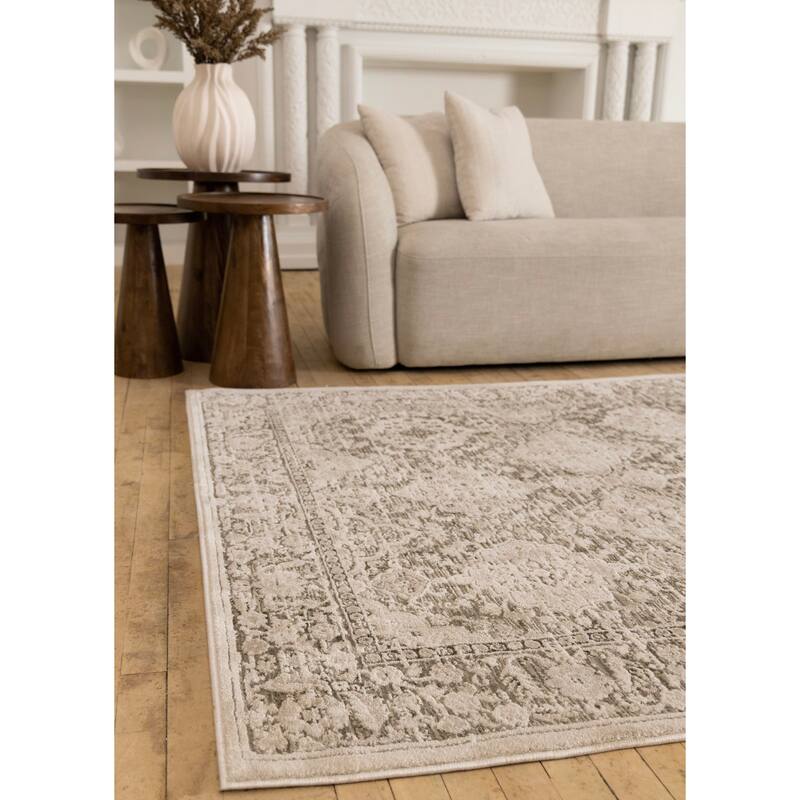 Taupe White Green Elegant Classic Textured Rug
