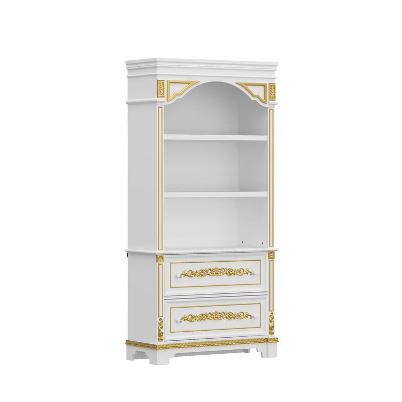 Display Cabinet with Drawers Tall Wine Bar Bookcase with LED Light Glass Shelves, Carved Solid Wood Front, 76.6"