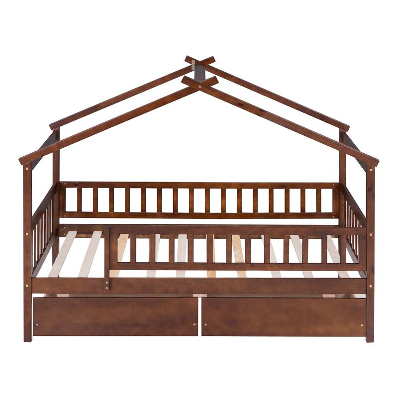 Twin Size Wooden House Bed with Two Drawers, Walnut Finish