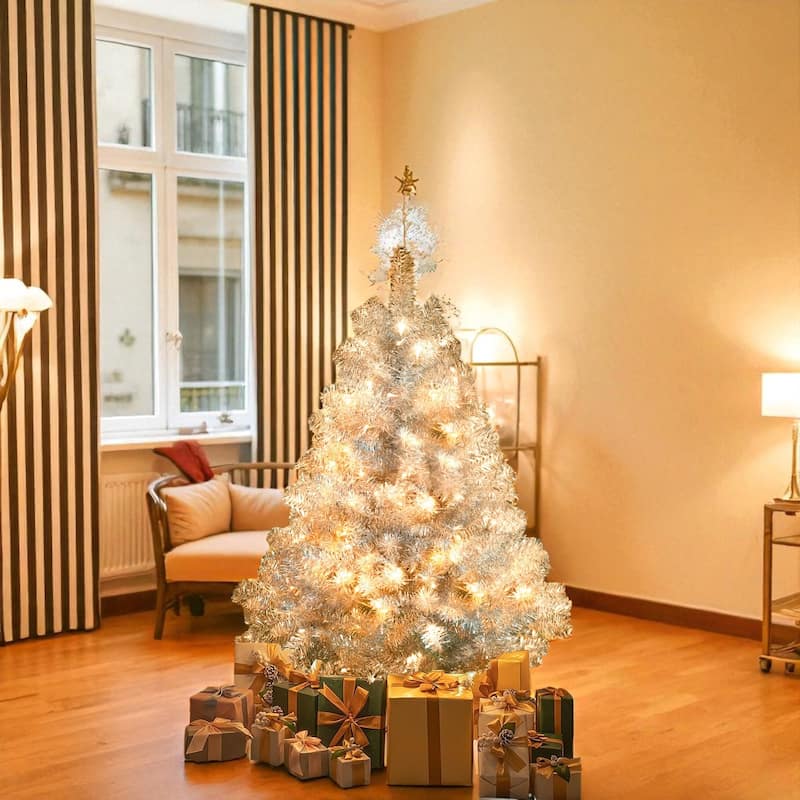 Silver Pre-Lit Artificial Christmas Tree 4FT/6FT/7.4FT with LED Lights, Hinged PVC Full Tree and Metal Stand - 4 Foot