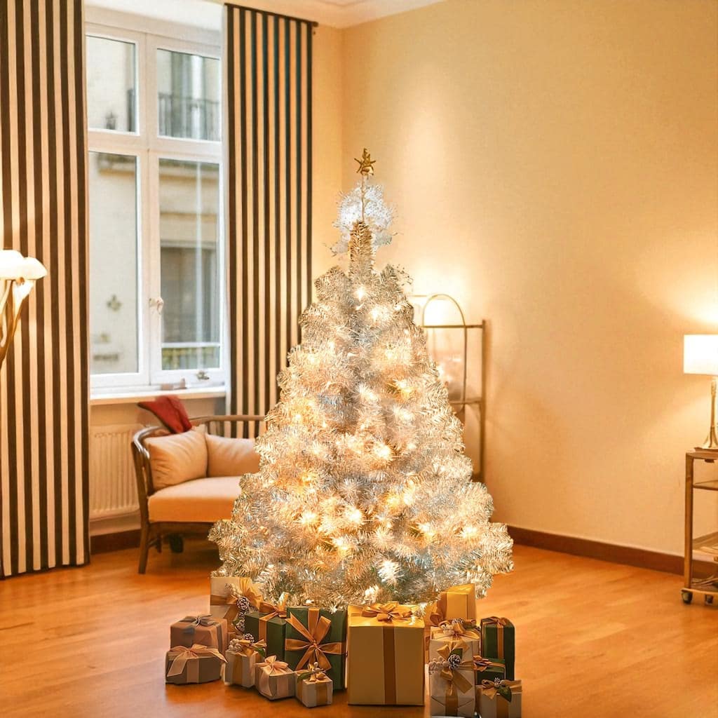 Silver Pre-Lit Artificial Christmas Tree 4FT/6FT/7.4FT with LED Lights, Hinged PVC Full Tree and Metal Stand