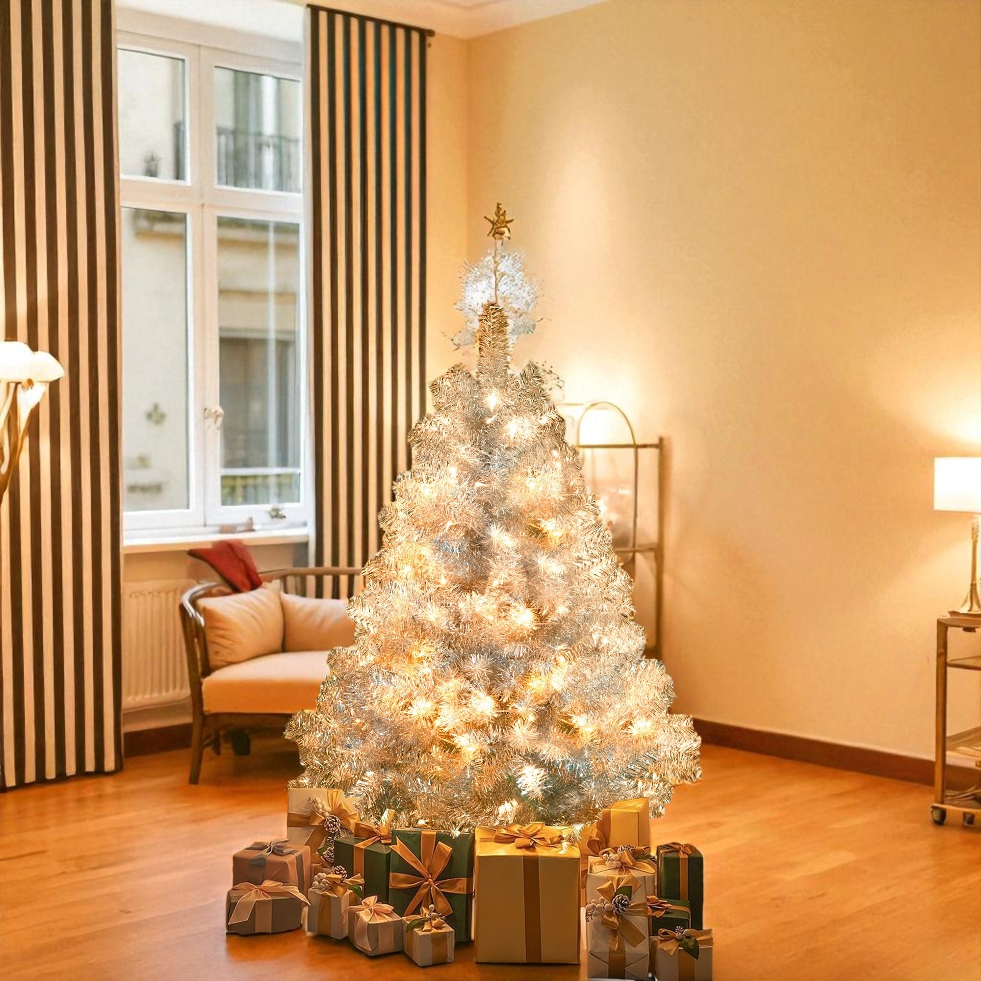 Silver Pre-Lit Artificial Christmas Tree 4FT/6FT/7.4FT with LED Lights, Hinged PVC Full Tree and Metal Stand