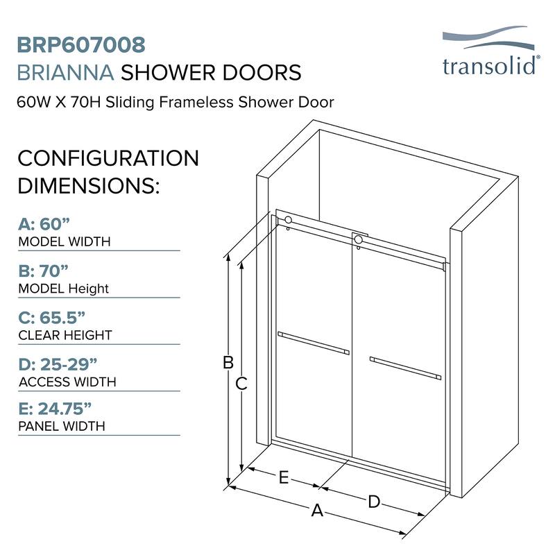 Transolid BRP607008C-S 70" High x 60" Wide Bypass Frameless Shower