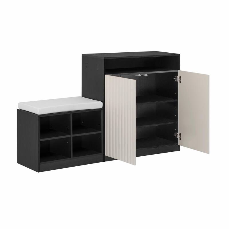 Living Room Cabinet with Shoe Bench, 2 Doors & 3-Tier Adjustable Shelves