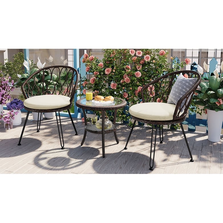Outdoor Leisure Set, 2 Rattan Single Chairs with 1 Glass Round Table
