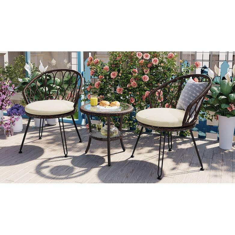 Outdoor Leisure Set, 2 Rattan Single Chairs with A Glass Round Table