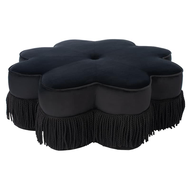 SAFAVIEH Katia Flower-Shaped Fringed Velvet Ottoman - Black