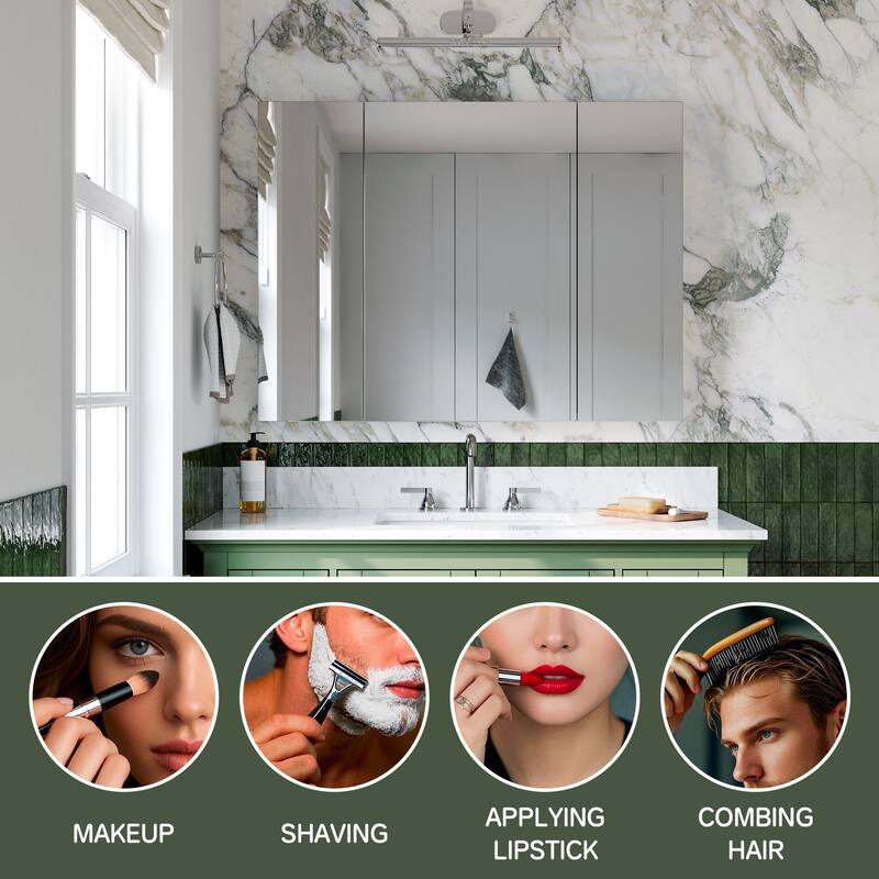 40x30 in Tri-View Mirrored Medicine Cabinet, 3-Door Triple Swing, Copper-Free, Blum Soft-Close, Recessed/Surface