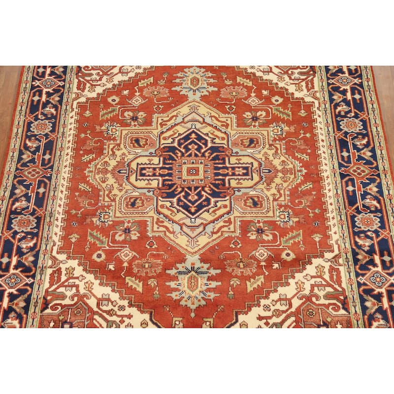Hand Knotted Oriental 100% Wool Carpet Traditional Medallion Oranges & Rust Heriz (serapi) Area Rug - 9' 10'' X 8' 0''