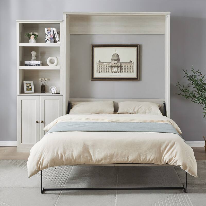 Murphy Wall Bed with 1 Side Cabinet Storage Shelf by Harper&Bright Designs - Rustic White - Queen